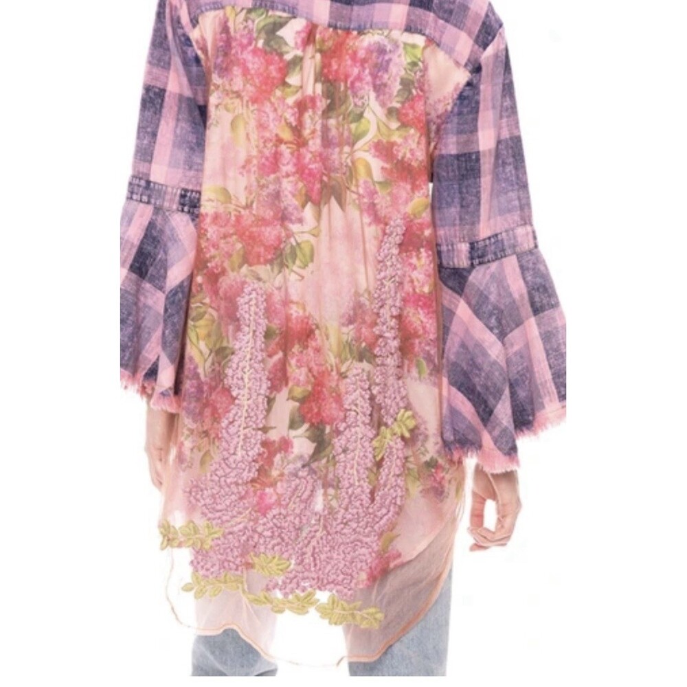 Aratta Embroidered Lilac Floral Checkered Print Raw Hem Bell Sleeves Size Small